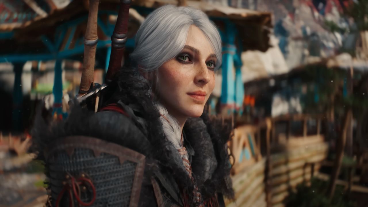 Ciri — The Witcher 4’s silver-haired female protagonist — leans against a balcony, smiling.