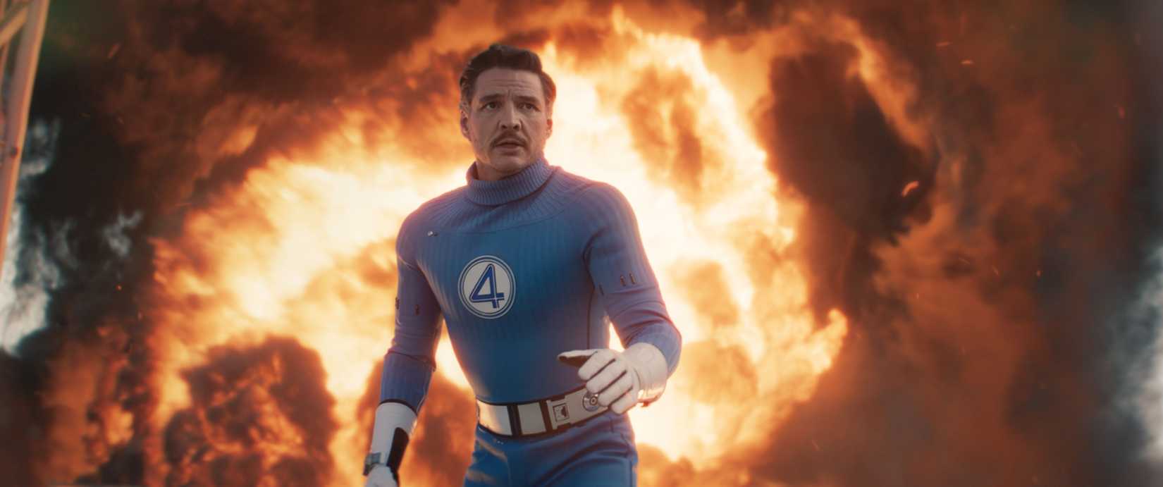 Pedro Pascal as Reed Richards/Mister Fantastic flees an explosion in Fantastic Four: First Steps