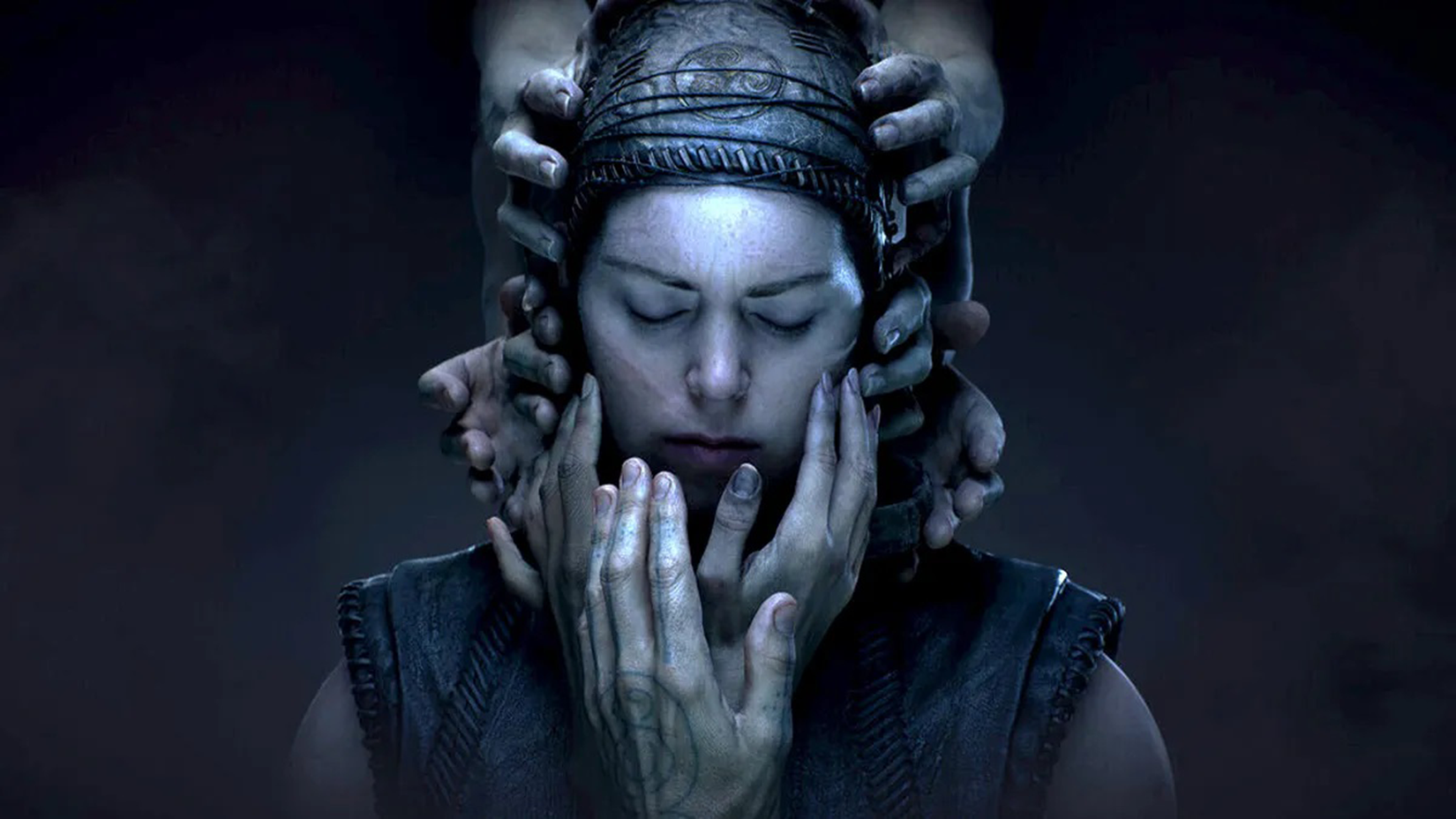 Senua from Hellblade II Senua's Saga with hands all on her face.