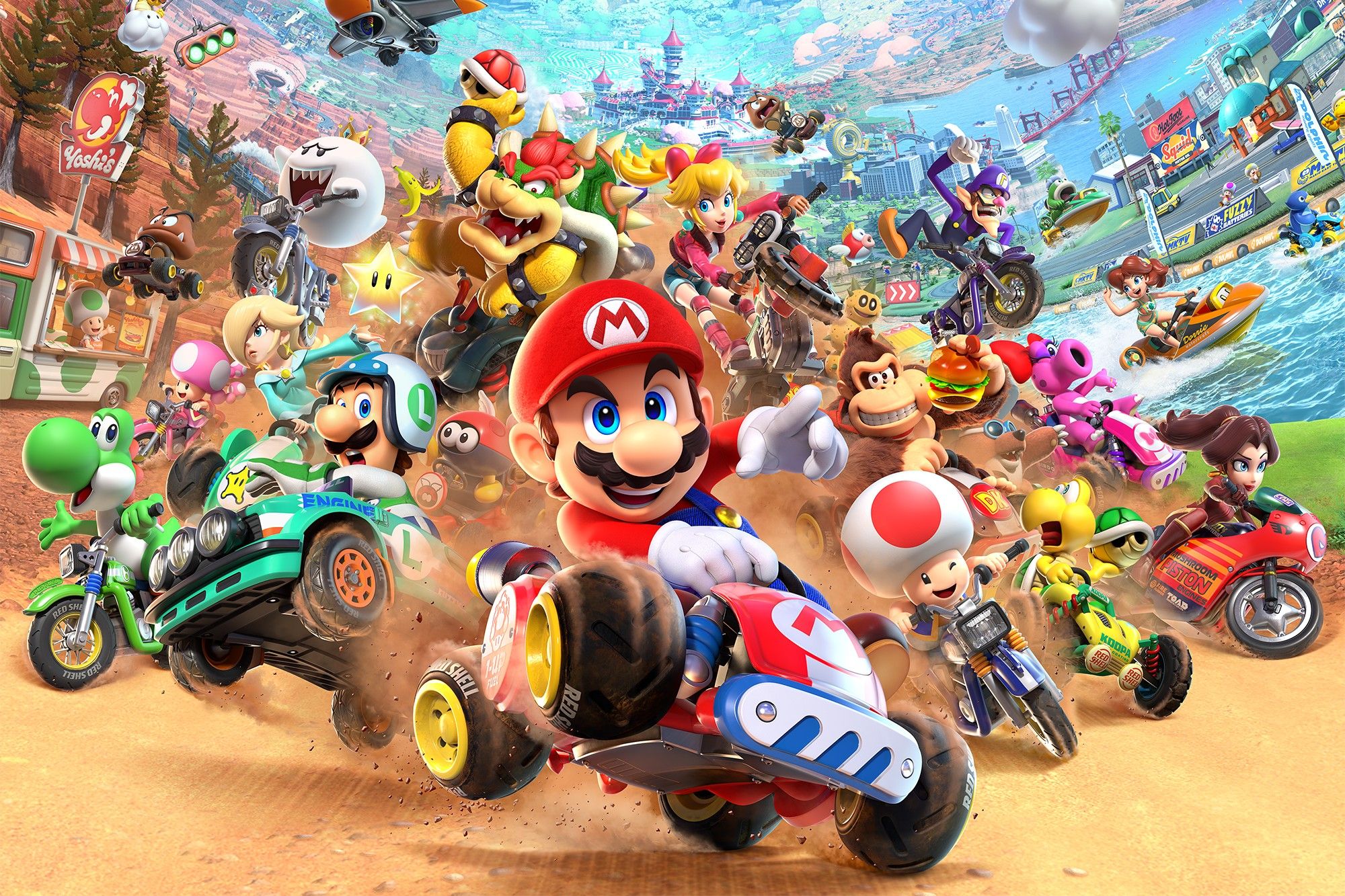 Artwork for Mario Kart World showing a huge crowd of characters, led by Mario