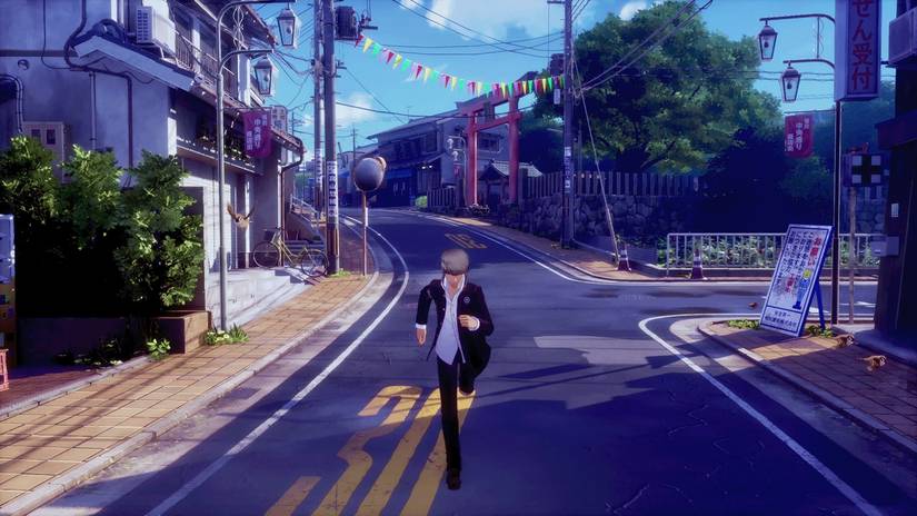 The protagonist of Persona 4 runs through the streets of Inaba in a screenshot from Persona 4 Revival