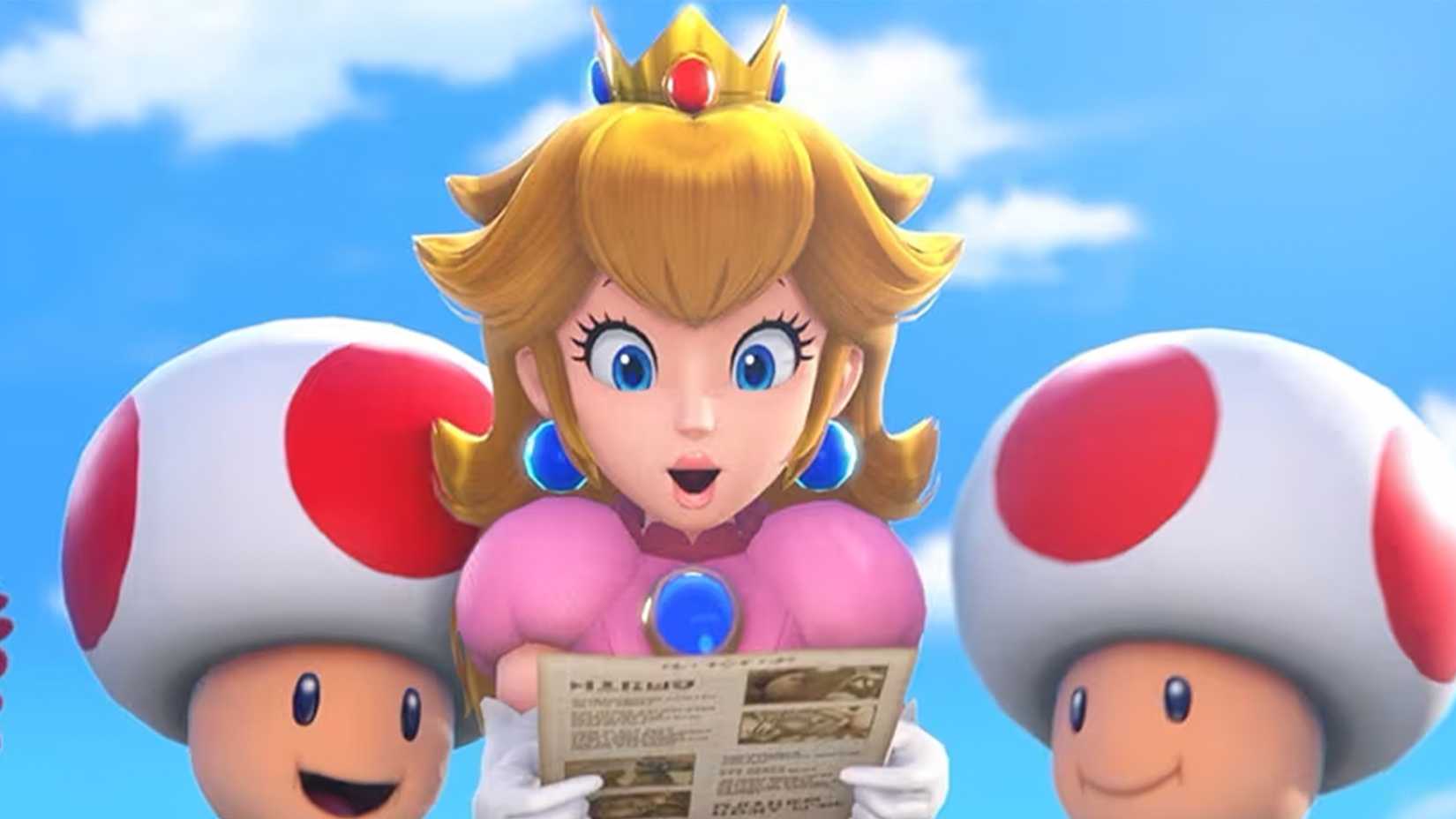 Princess Peach looks thrilled while reading a newspaper as a group of Toads peer over her shoulders