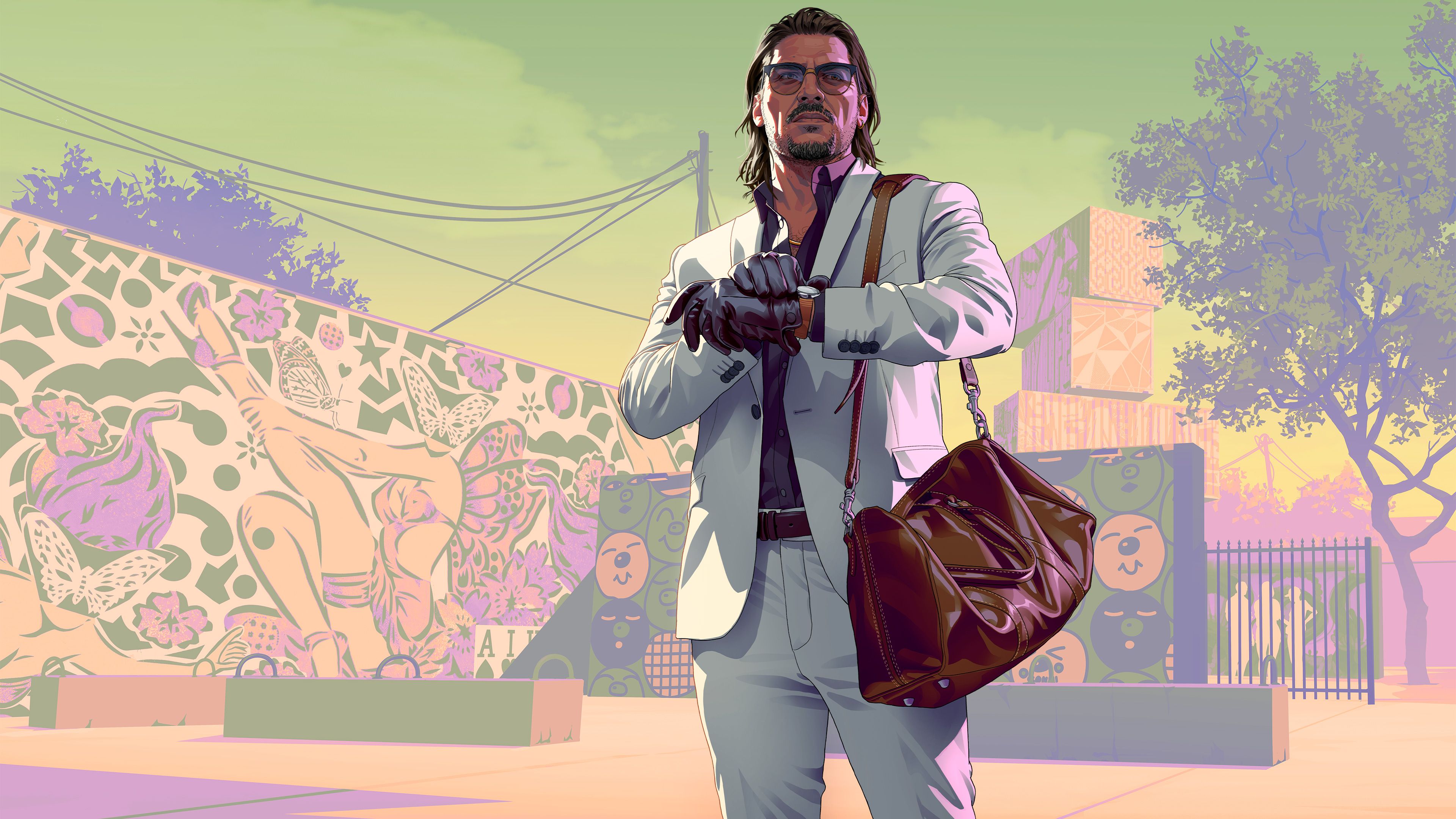 Artwork of Raul Batista in Grand Theft Auto 6 — a man in a white suit, checking his watch