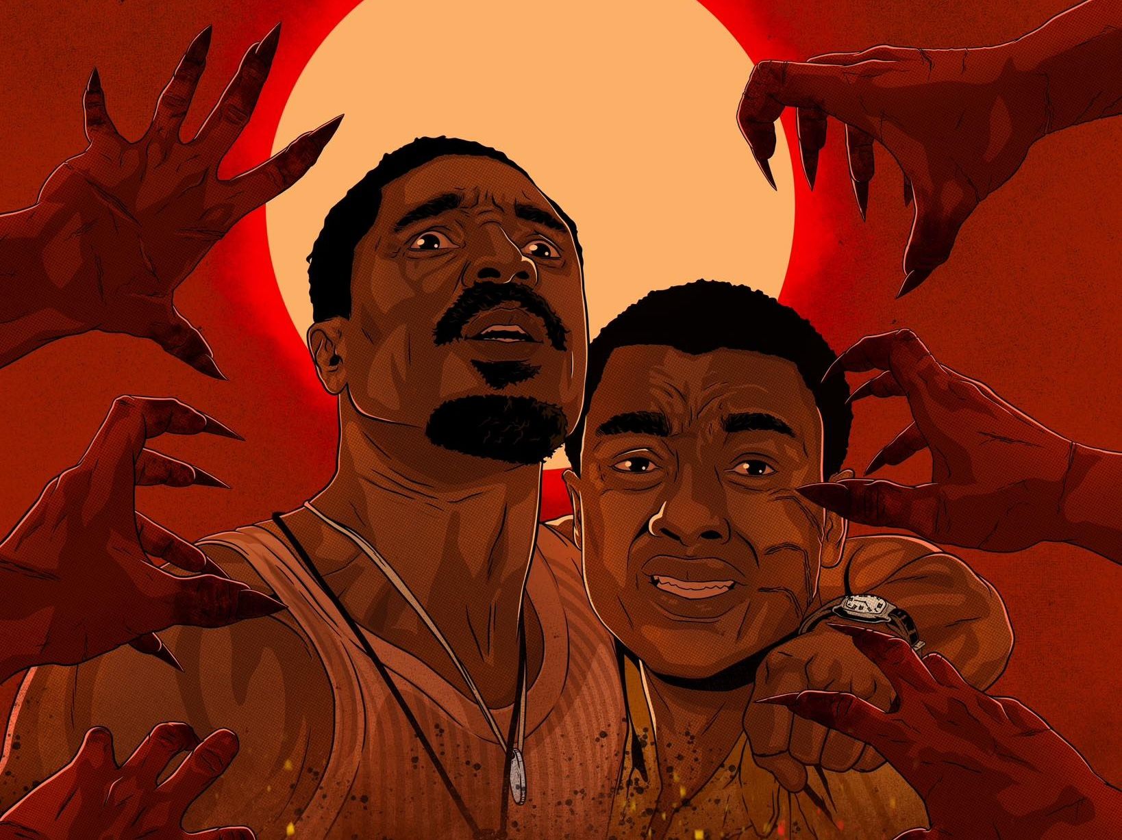 Detail from the Regal Cinemas poster for Ryan Coogler’s Sinners, an illustration with two black men against a white moon, surrounded by grabbing, clawed hands