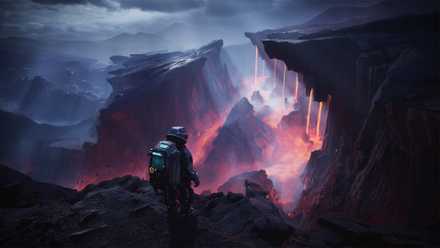 Jan staring down a lava river in The Alters.