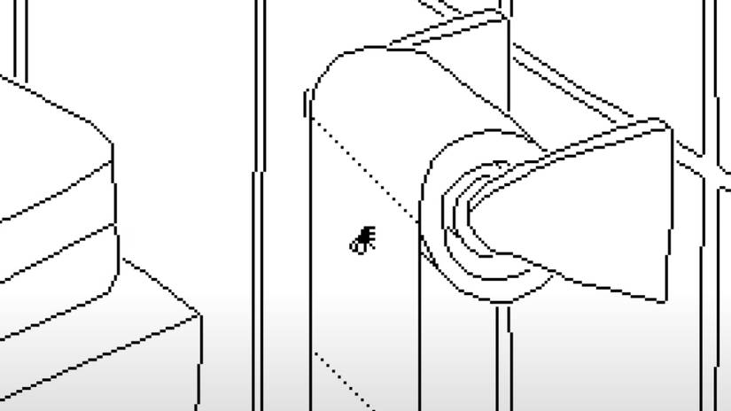 A fly perches on a toilet paper roll. The art style is pixelated, simplistic, and entirely black and white.