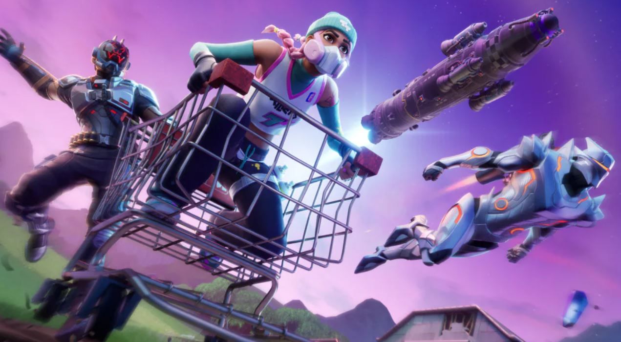 A character in Fortnite rides a grocery cart while another player pushes them, while another user flies overhead.