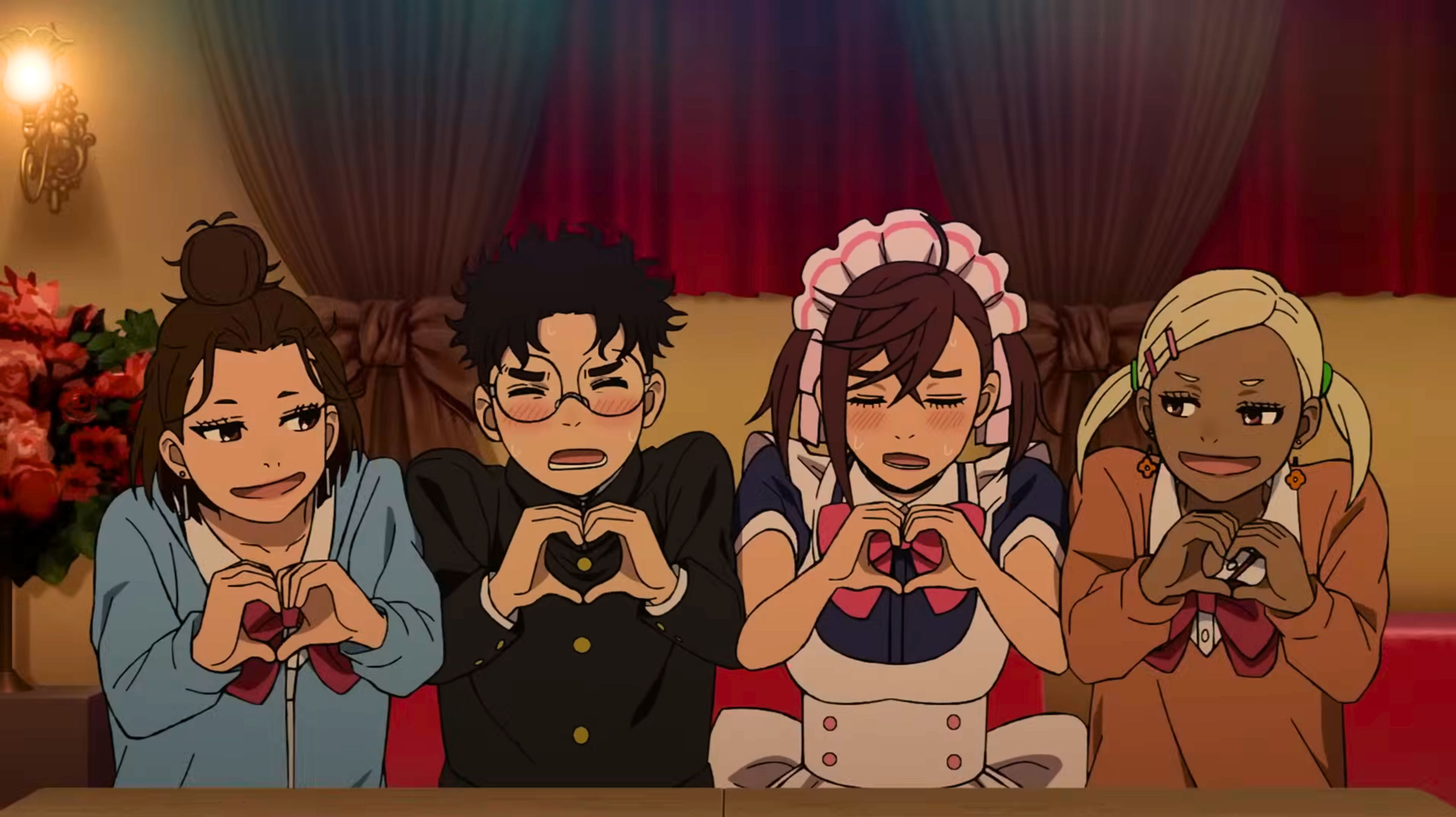 A group of four, three schoolgirls and one schoolboy, making the heart sign with their hands from Dan Da Dan season 2