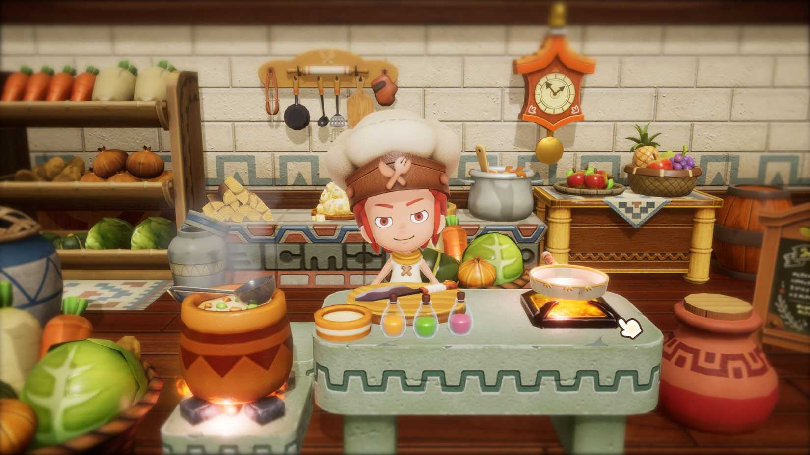 A Fantasy Life i: The Girl Who Steals Time screenshot showing a character in the kitchen where we play the cooking minigame.