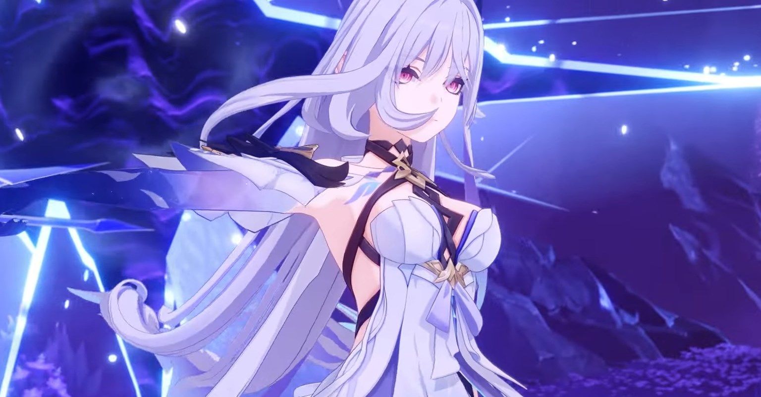 Skirk, a white-haired woman, raises her weapon in front of a huge void-like portal.