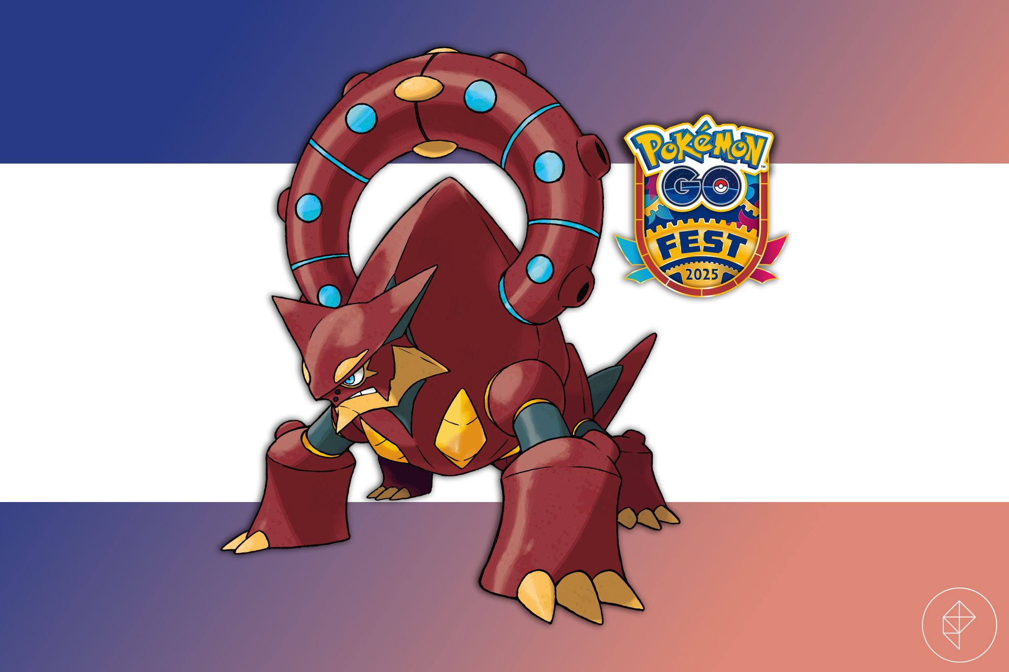 Volcanion on a blue and pink gradient background