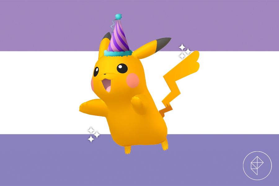 Shiny Pikachu in a party hat on a purple gradient background.