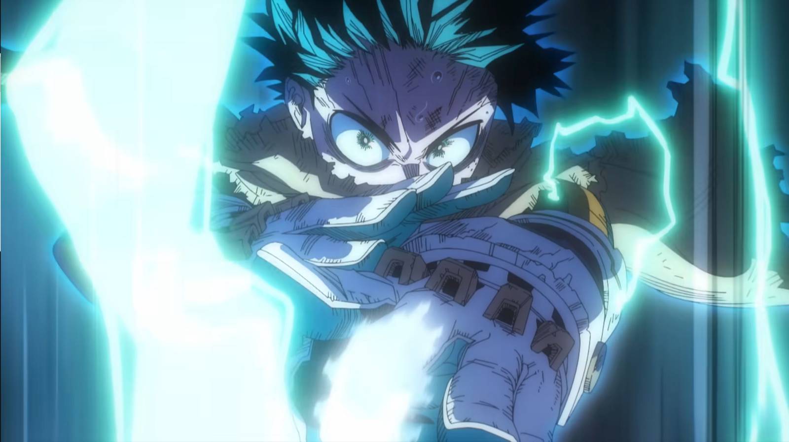 Deku powering up with green hair, preparing for battle in My Hero Academia