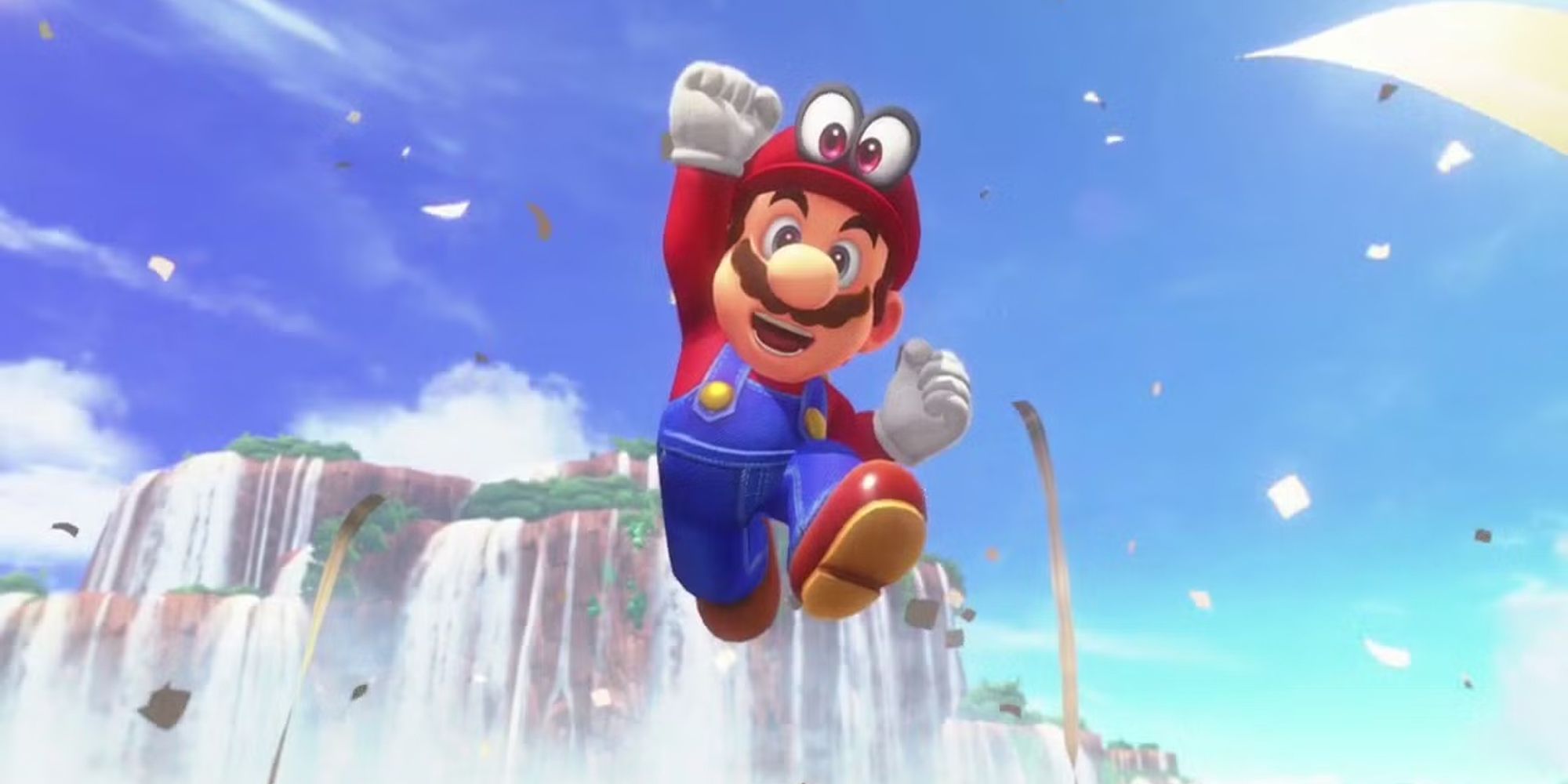 Mario leaping in the air excited from Super Mario Odyssey