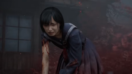 Hinako from Silent Hill f standing up after being wounded and getting ready to fight