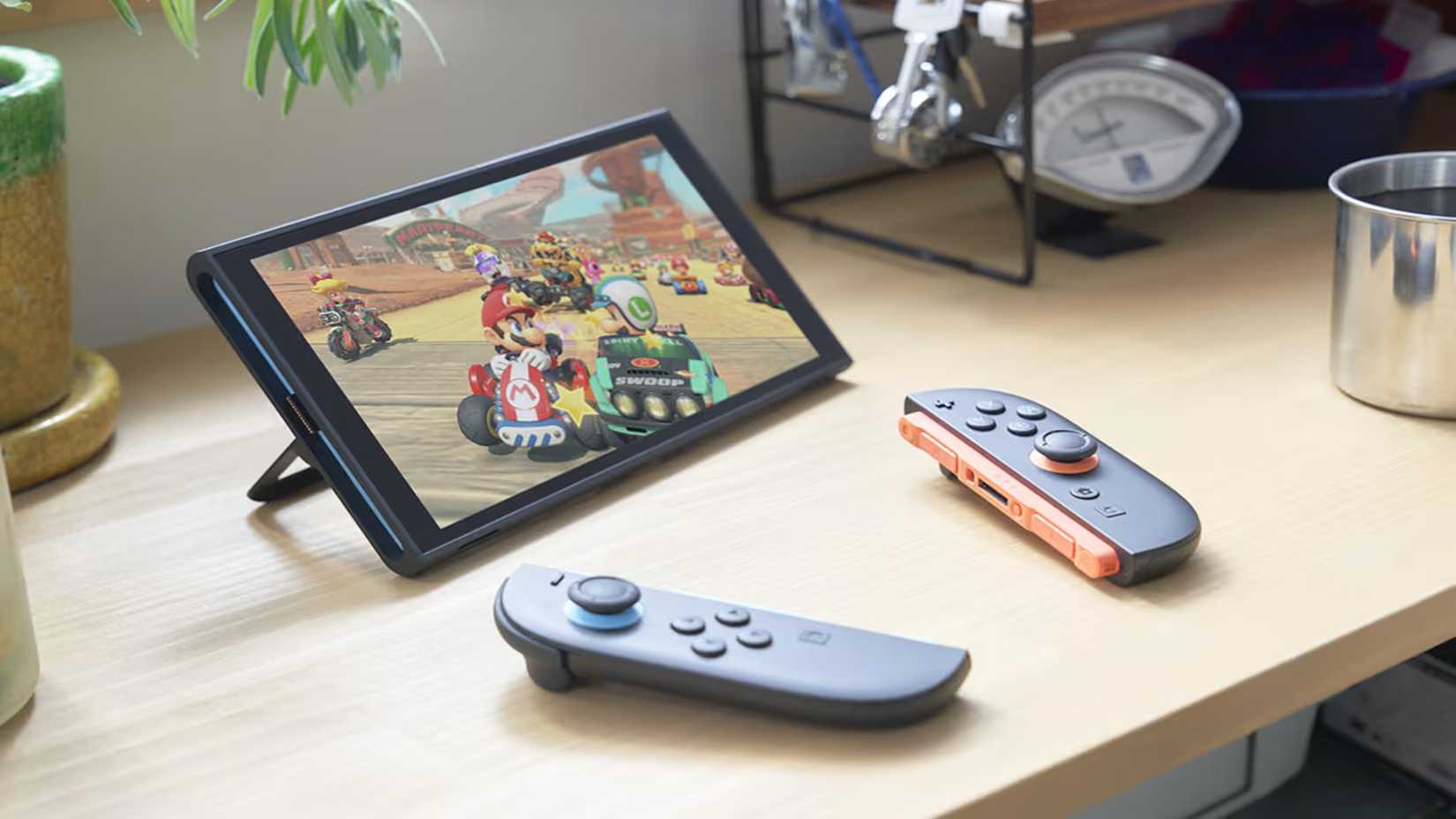 A Switch 2 in tabletop mode playing Mario Kart World