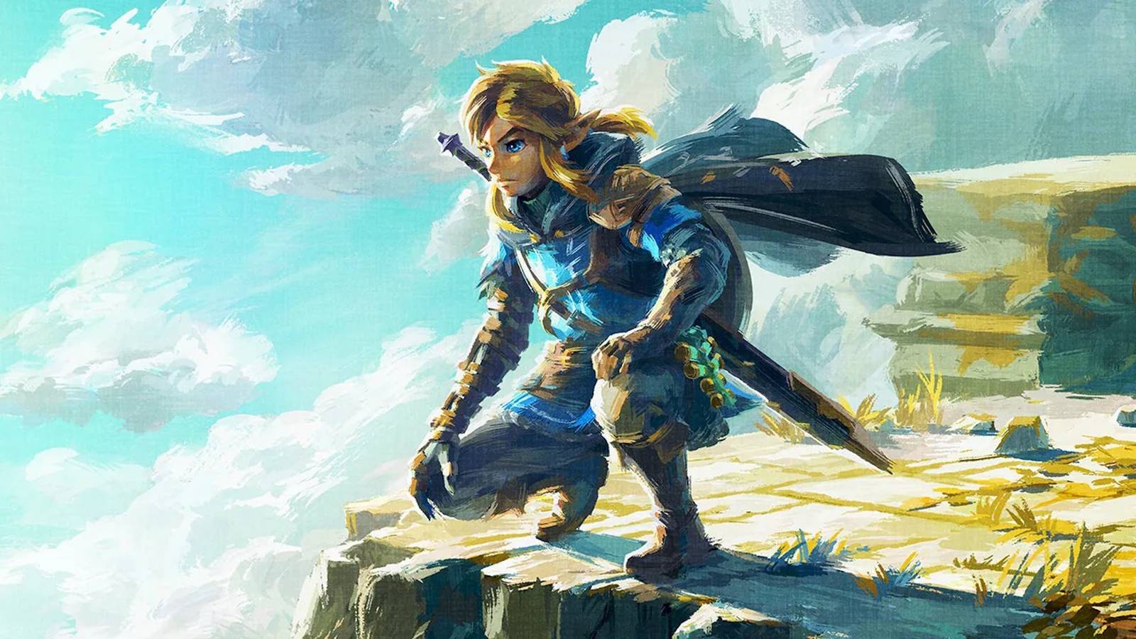 Tears of the Kingdom Link hunches down on the edge of a sky island.