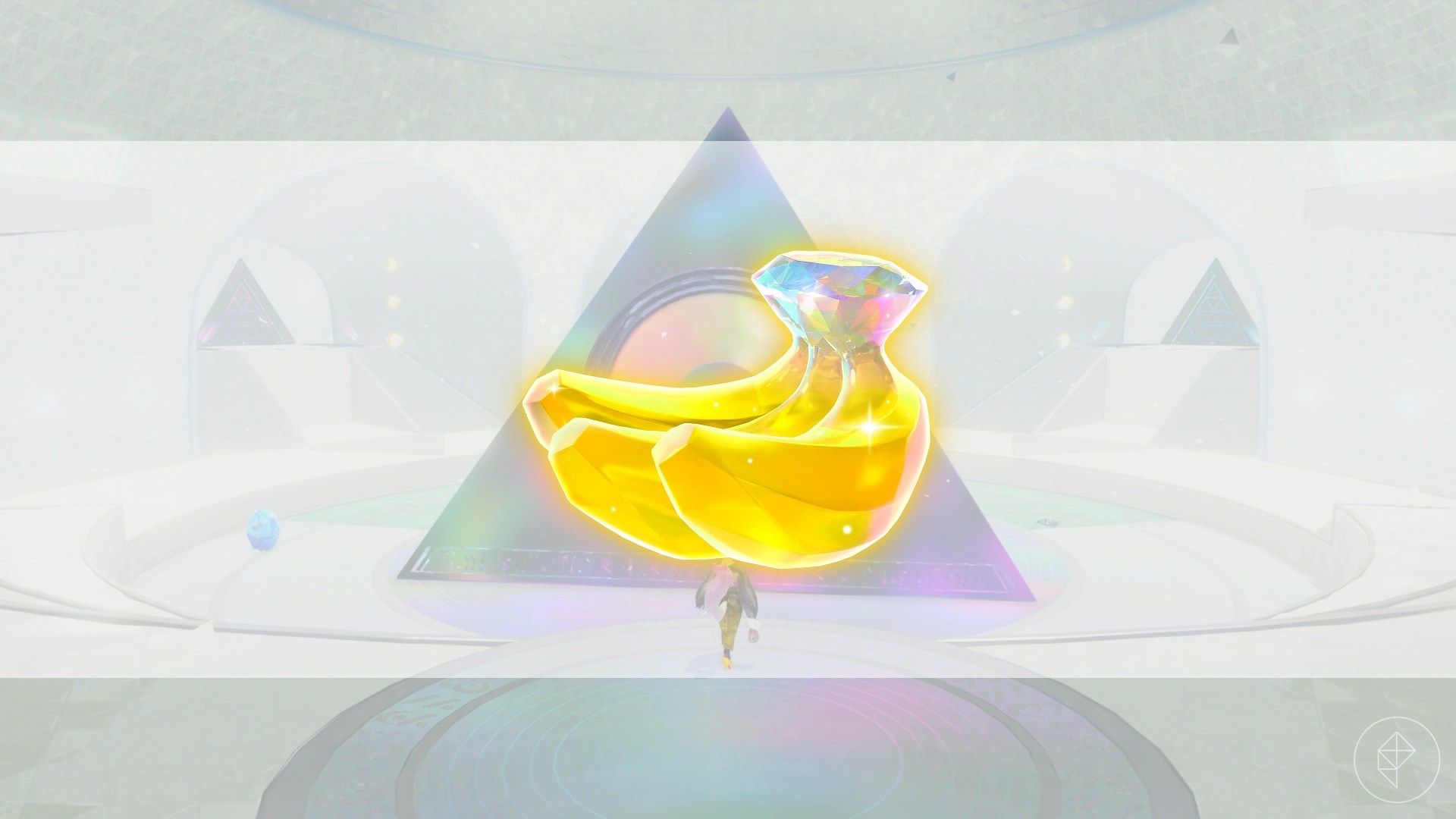 A bunch of golden bananas on top of an image of a large triangular speaker from Donkey Kong Bananza.