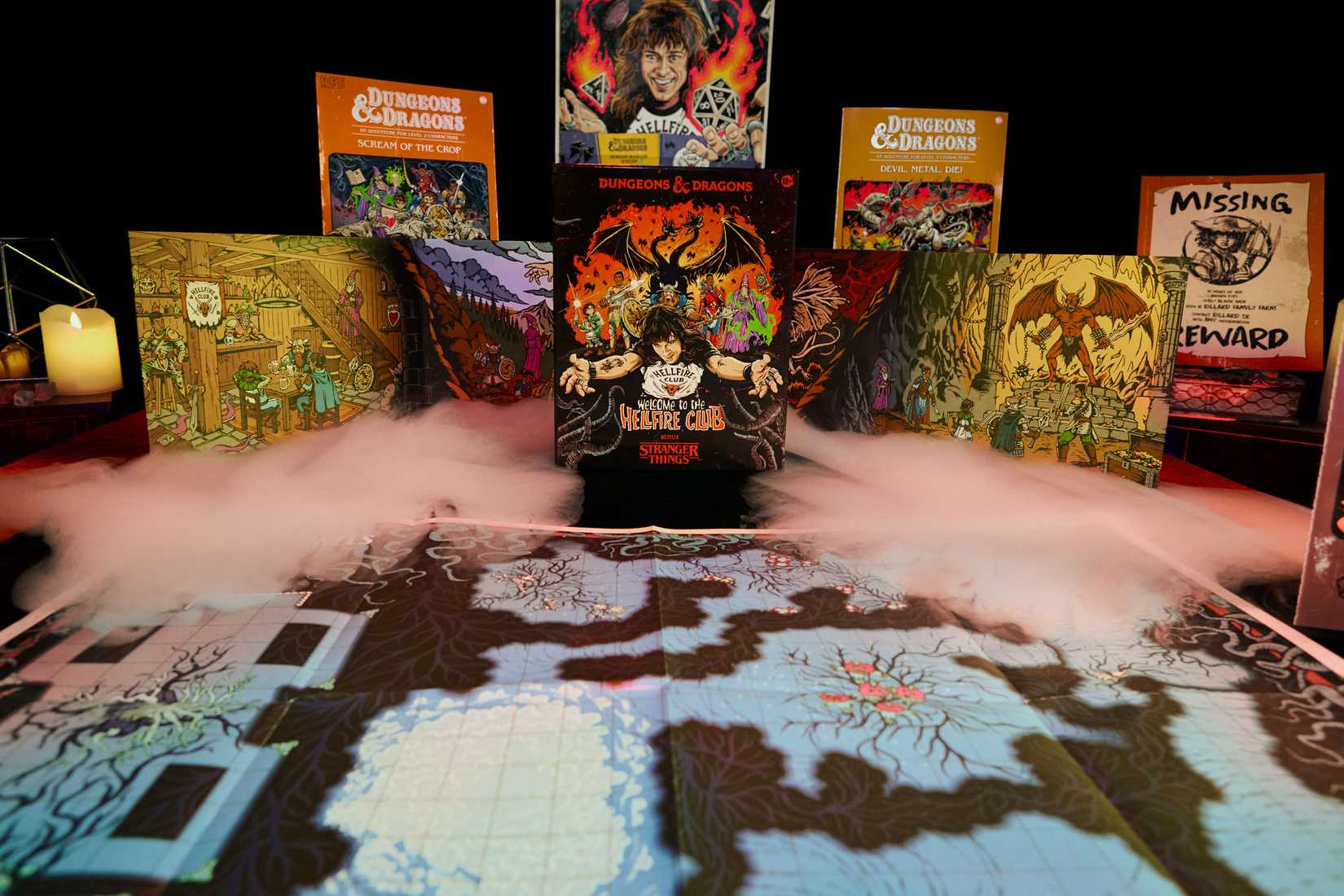 The components of Stranger Things Welcome to the Hellfire Club include ‘80s style books and a map.