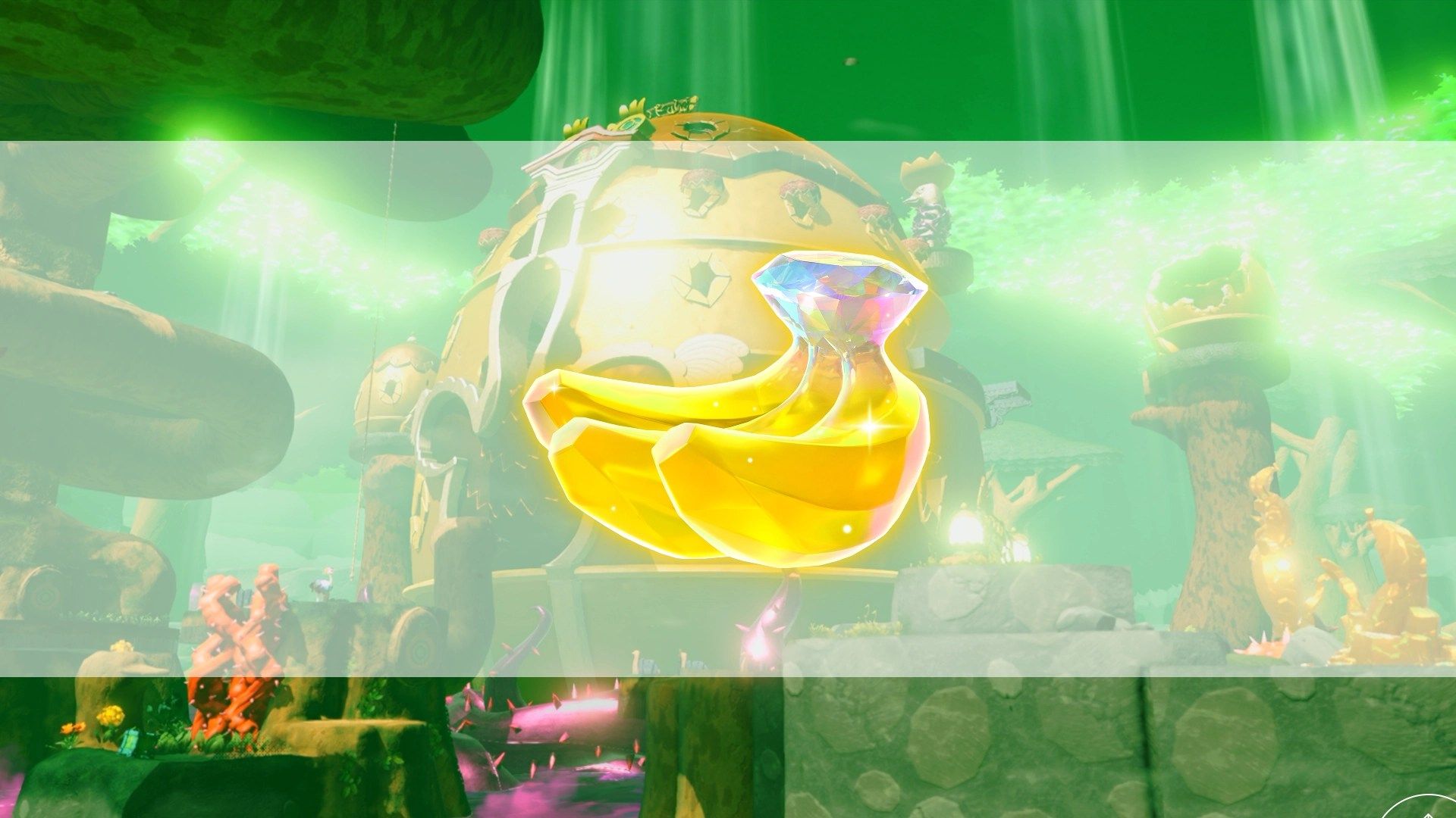 A bunch of golden bananas overtop an image of the Eggshell Hotel in Donkey Kong Bananza.