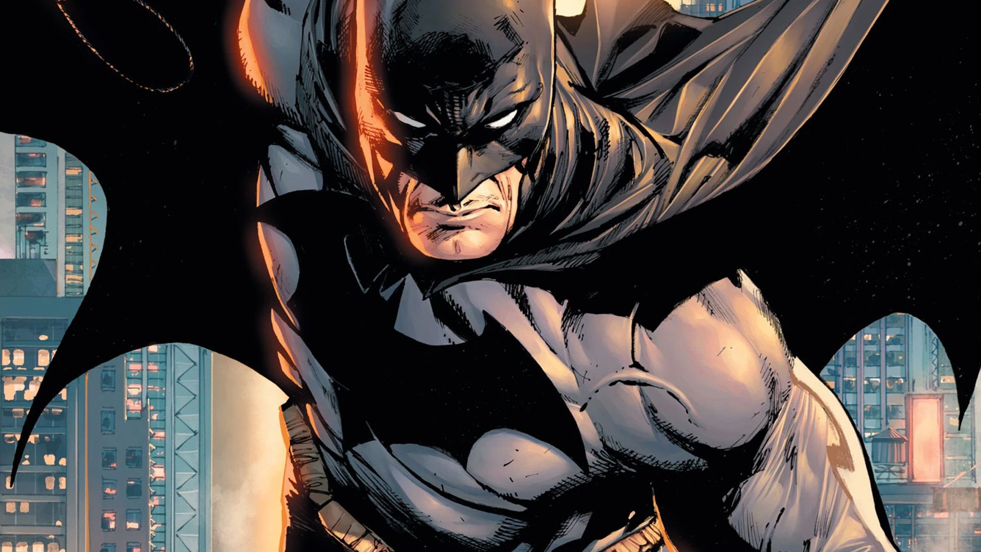 Batman flying through the sky in the night in Gotham.