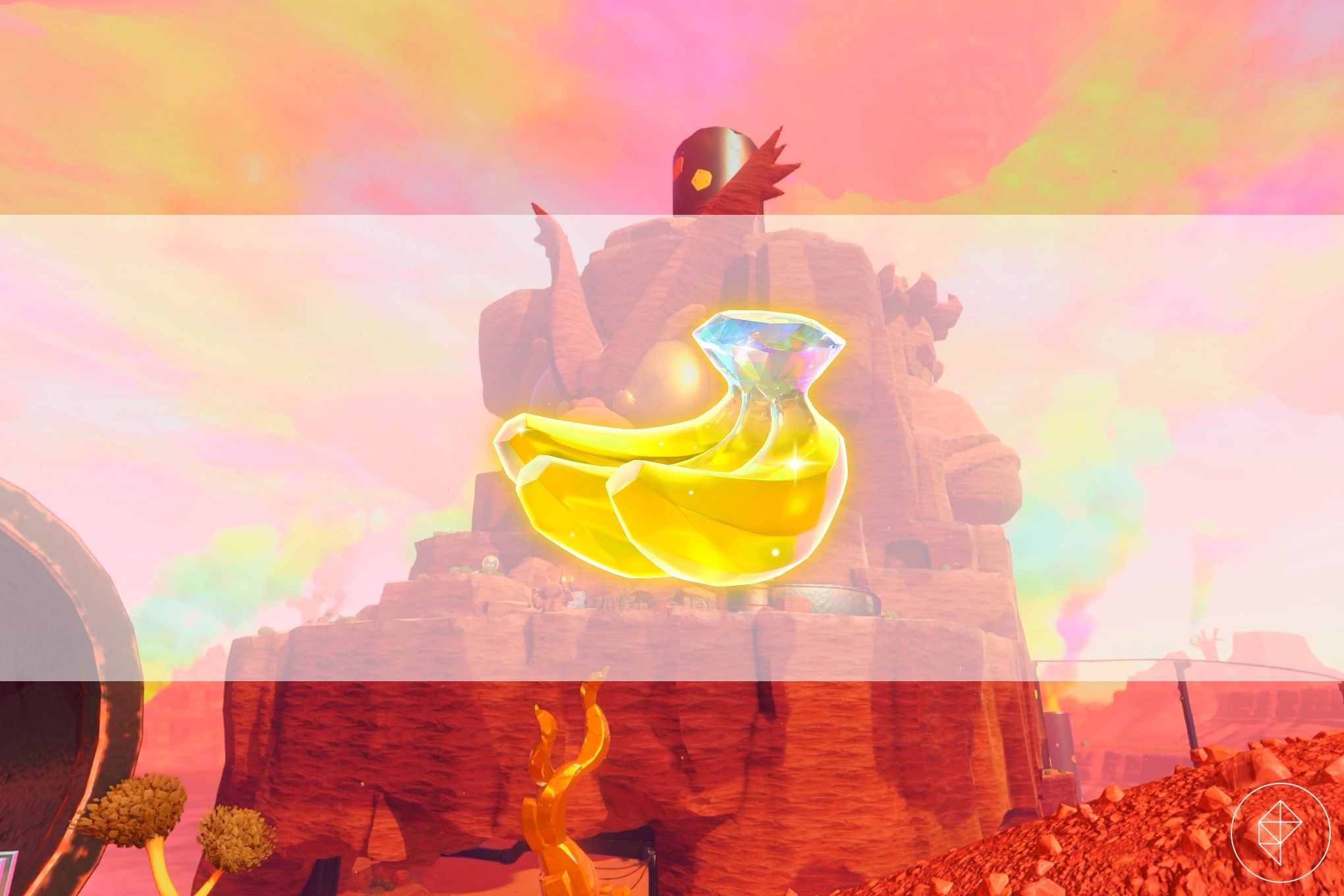 A bunch of banandium gems on top of the Void Company Mount Rushmore in Donkey Kong Bananza.