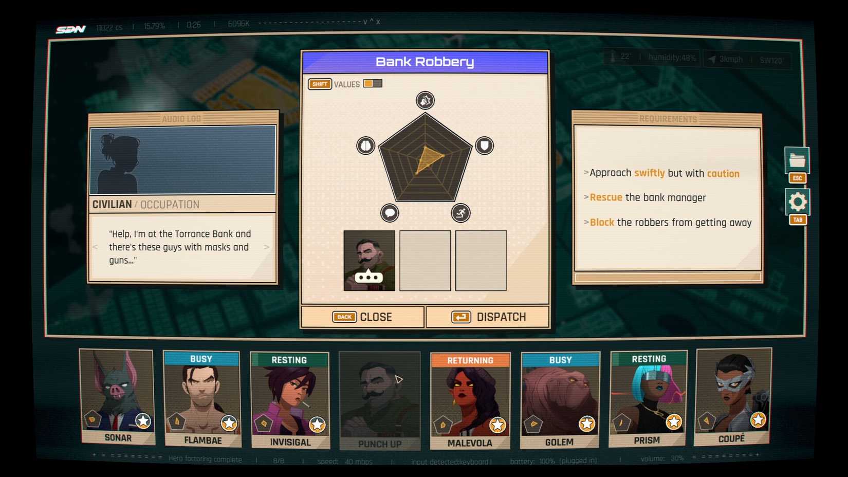 Dispatch encounter: bank robbery scene from the game