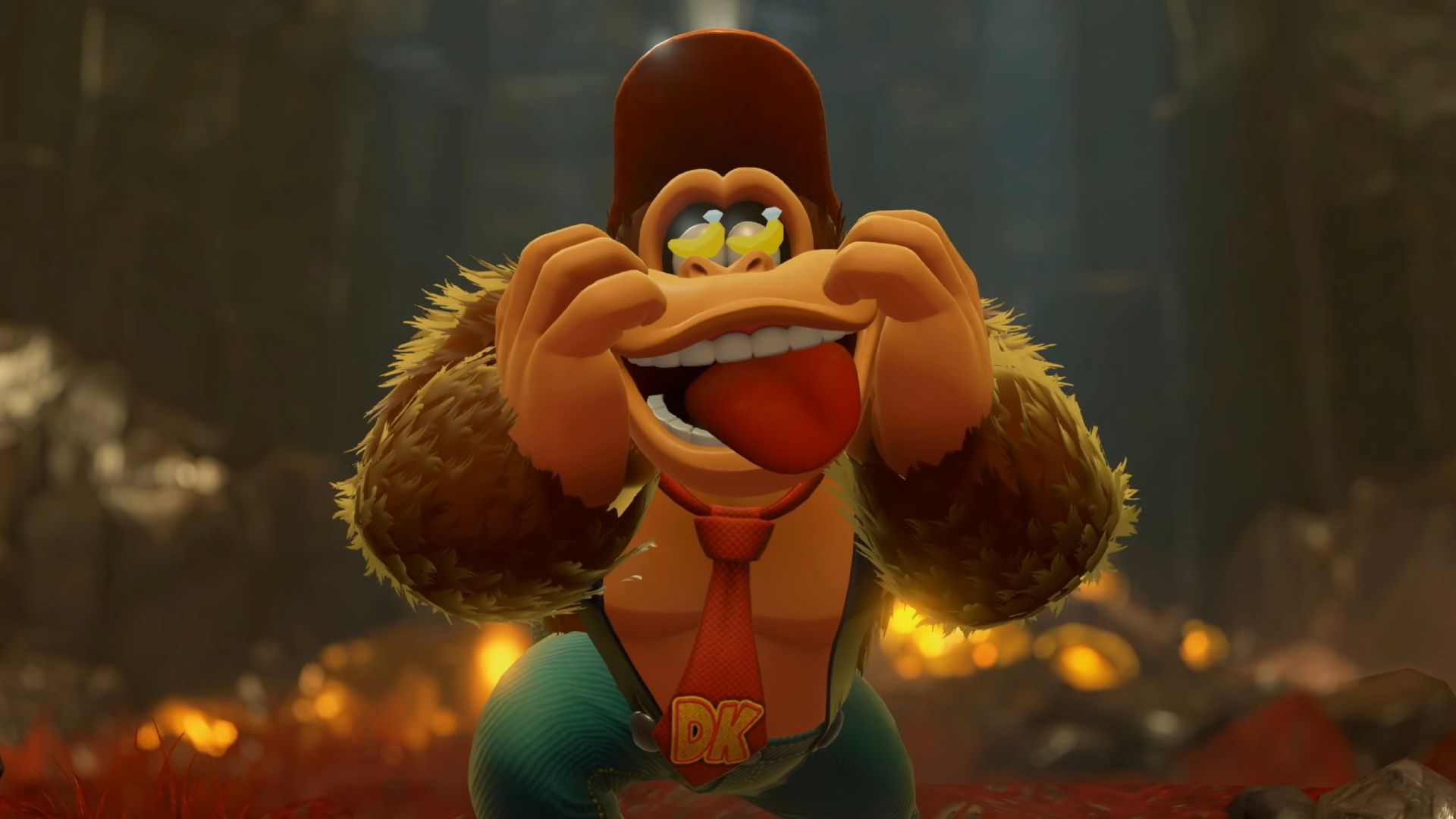Donkey Kong, a large monkey wearing a red tie and pants, ogling at bananas in Donkey Kong Bananza.