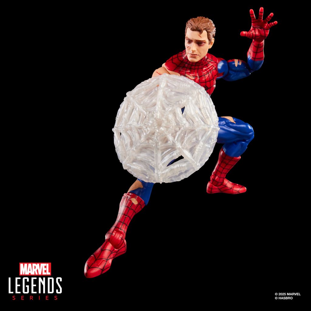 A Spider-Man action figure with a web shield from the Marvel Legends Series
