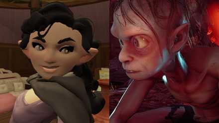 On the left, a female Hobbit from Tales of the Shire smiles. On the right, Gollum (from 2023’s Gollum game) sits hunched over, looking paranoid as he gazes at some off-screen.