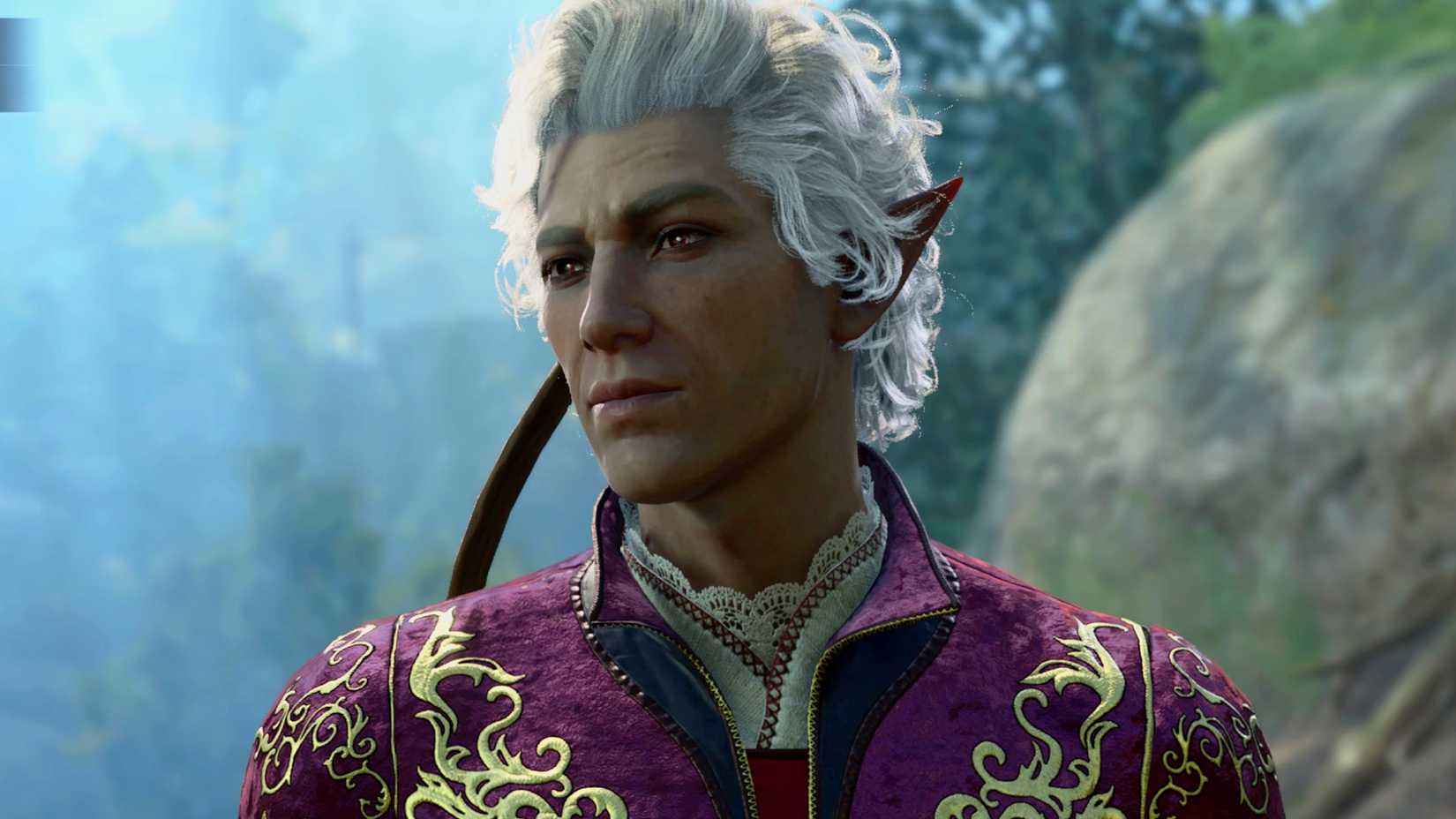 Astarion, a pale elf with white hair and red eyes, looks to the left, gazing at something off-screen.