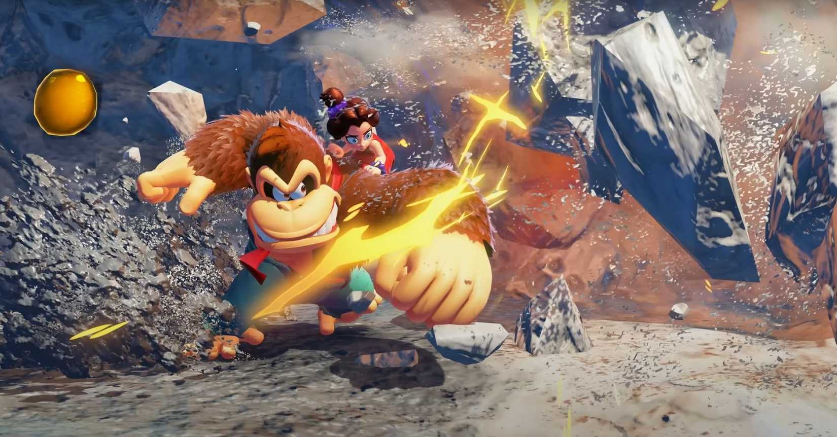DK in Donkey Kong Bananza throws his fist forward to destroy rocks as Pauline rides his shoulder.