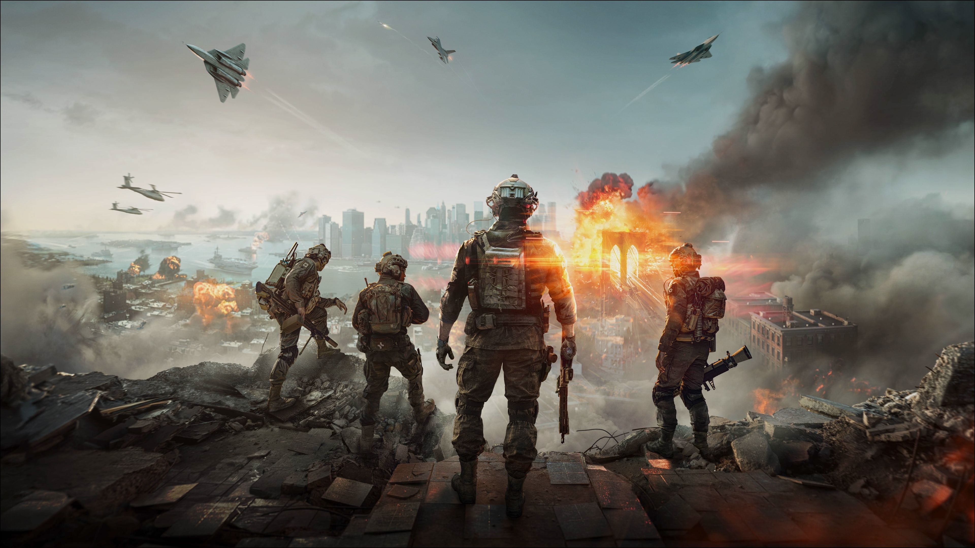 Artwork from Battlefield 6 featuring four soldiers overlooking New York City as it’s being attacked