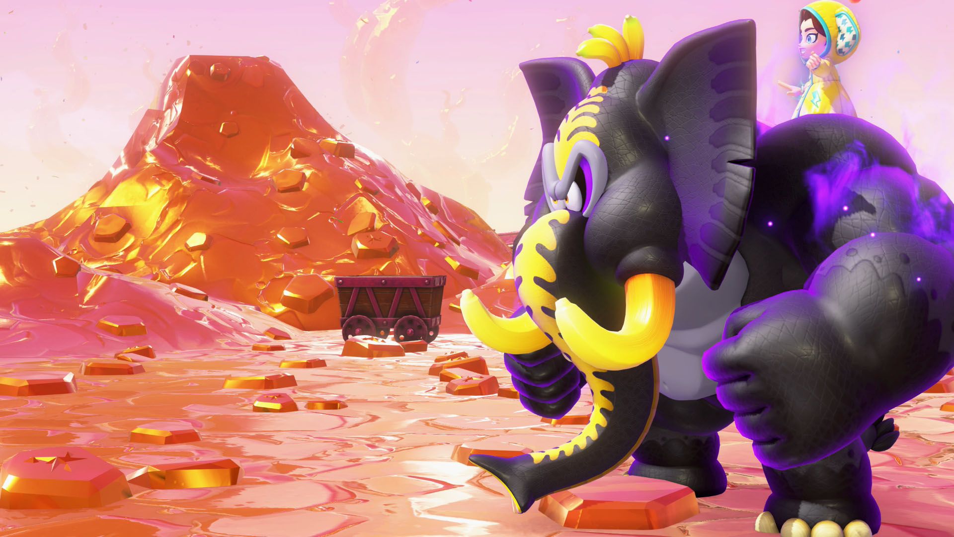 A Donkey Kong Bananza screenshot showing DK transformed into Elephant Bananza and Pauline on his shoulder.