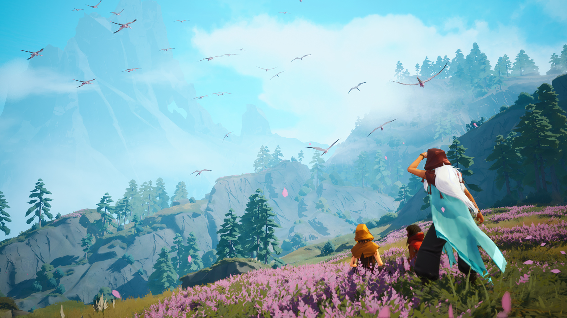 Figures look out over a beautiful wild landscape in Rare’s Everwild