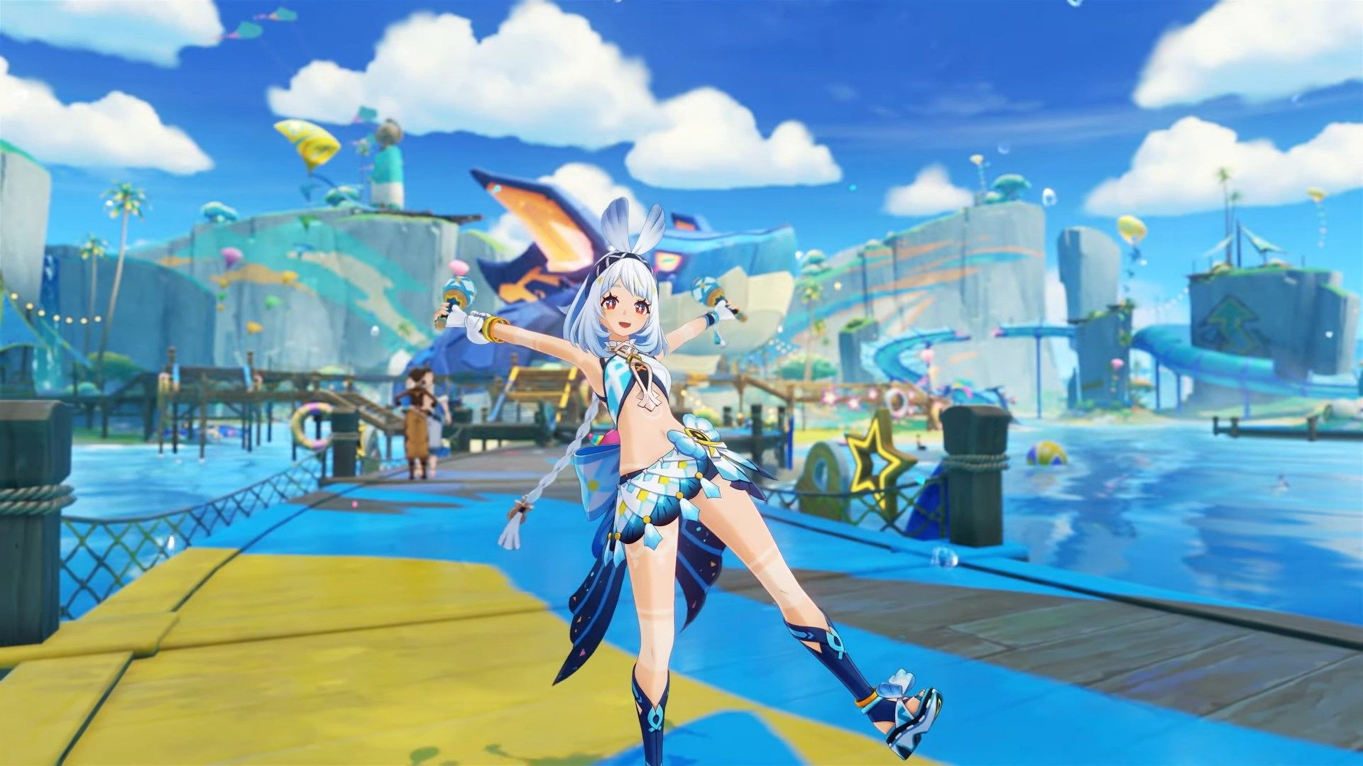 Mualani from Genshin Impact poses in front of a beach party venue.