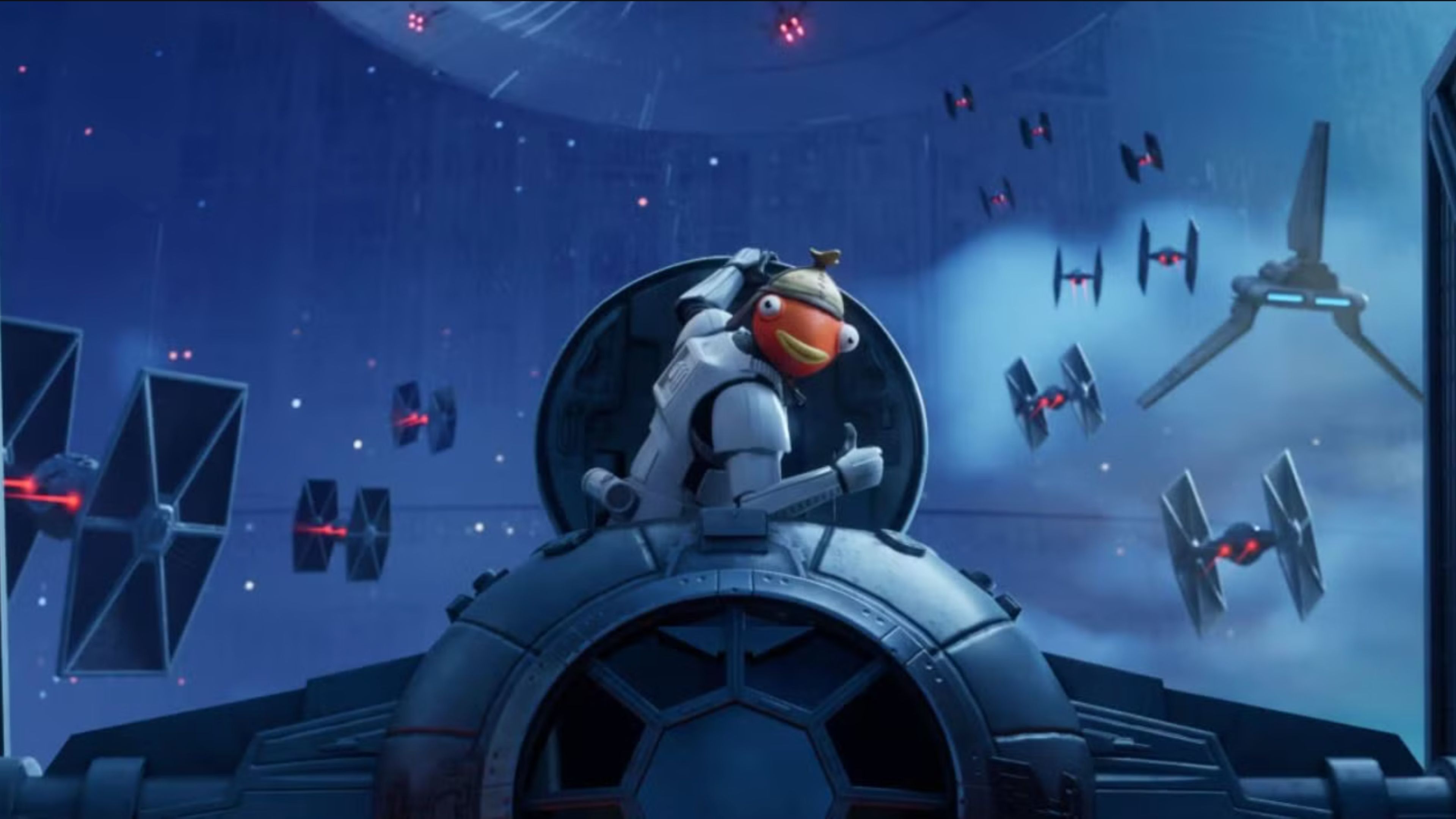 The Fishsticks character in Fortnite wears a Star Wars clone outfit while giving the camera a thumbs up. The orange fish is surrounded by enemy ships.