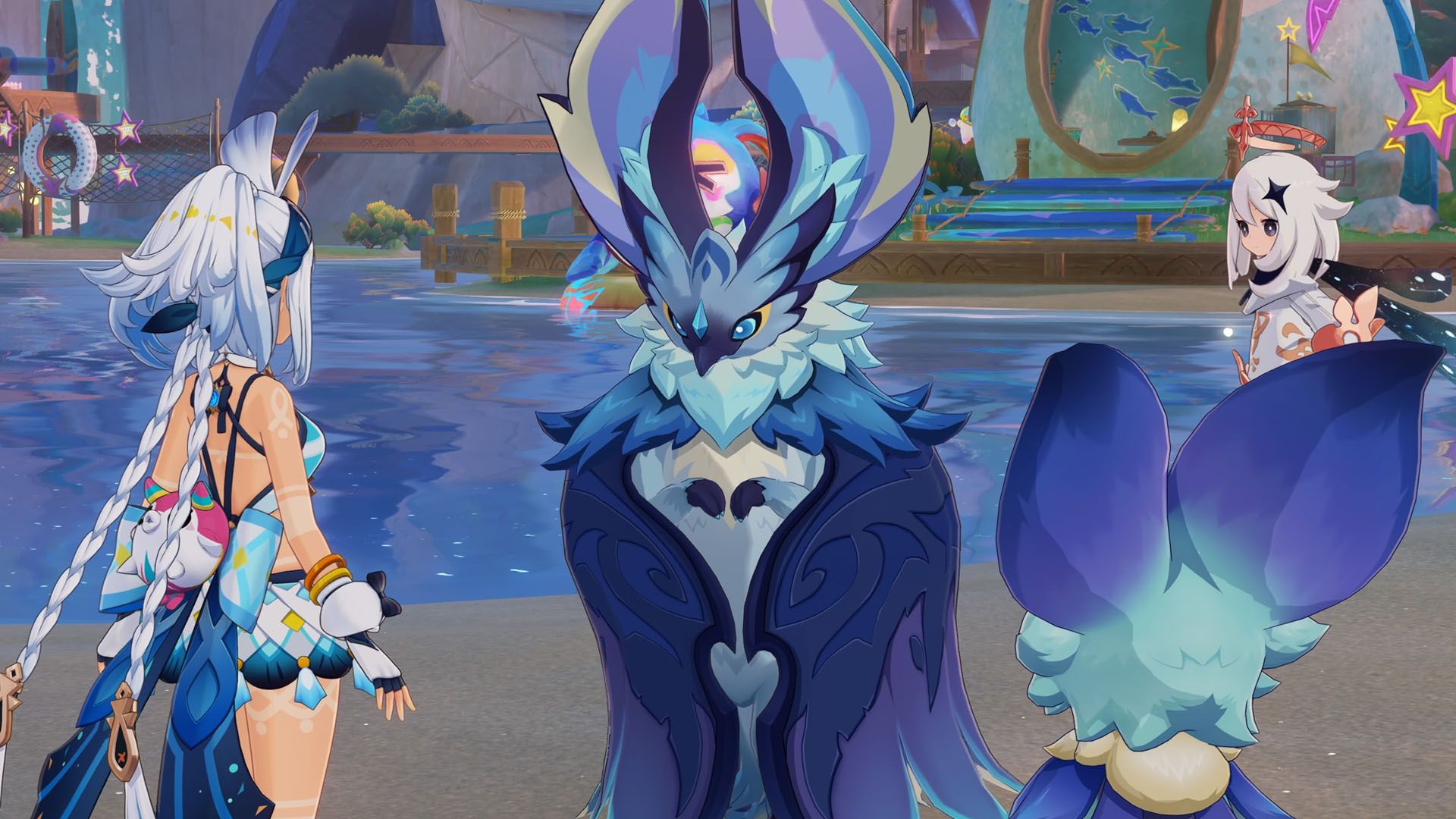 A Genshin Impact showing Mualani, Paimon and an Iktomisaur