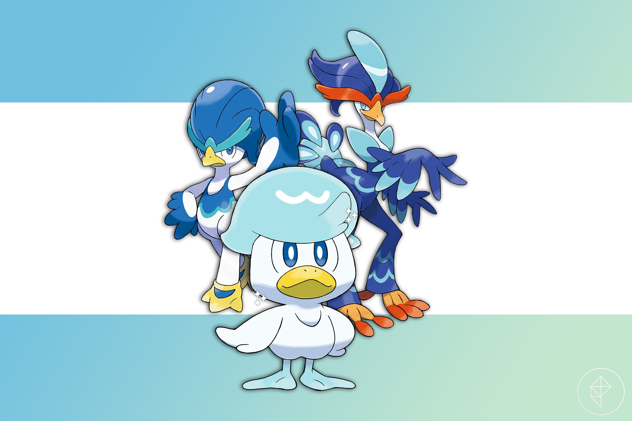 A shiny Quaxly in front of its evolutions, Quaxwell and Quaquaval.