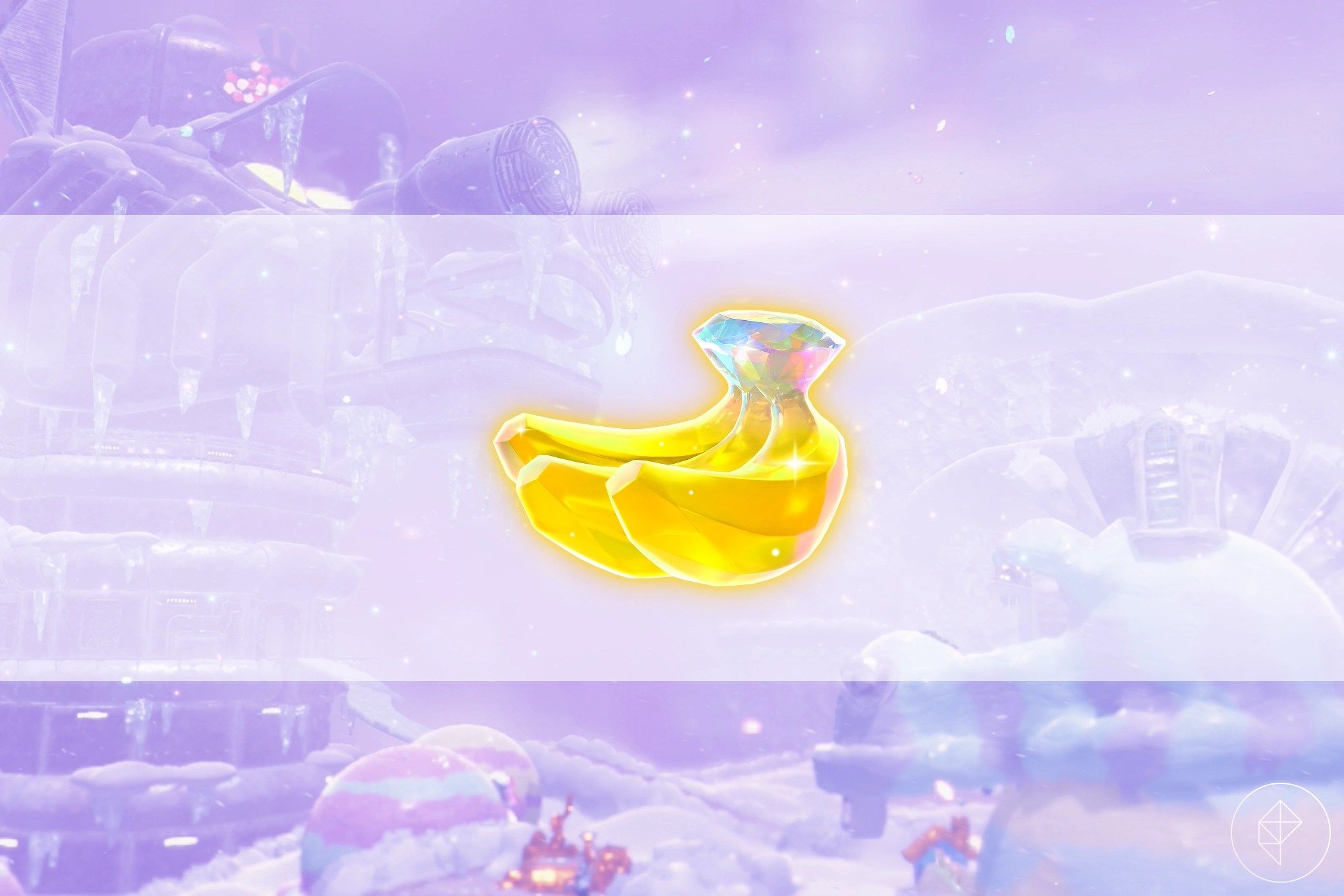 A golden banana overtop an overlook of the Freezer Layer in Donkey Kong Bananaza