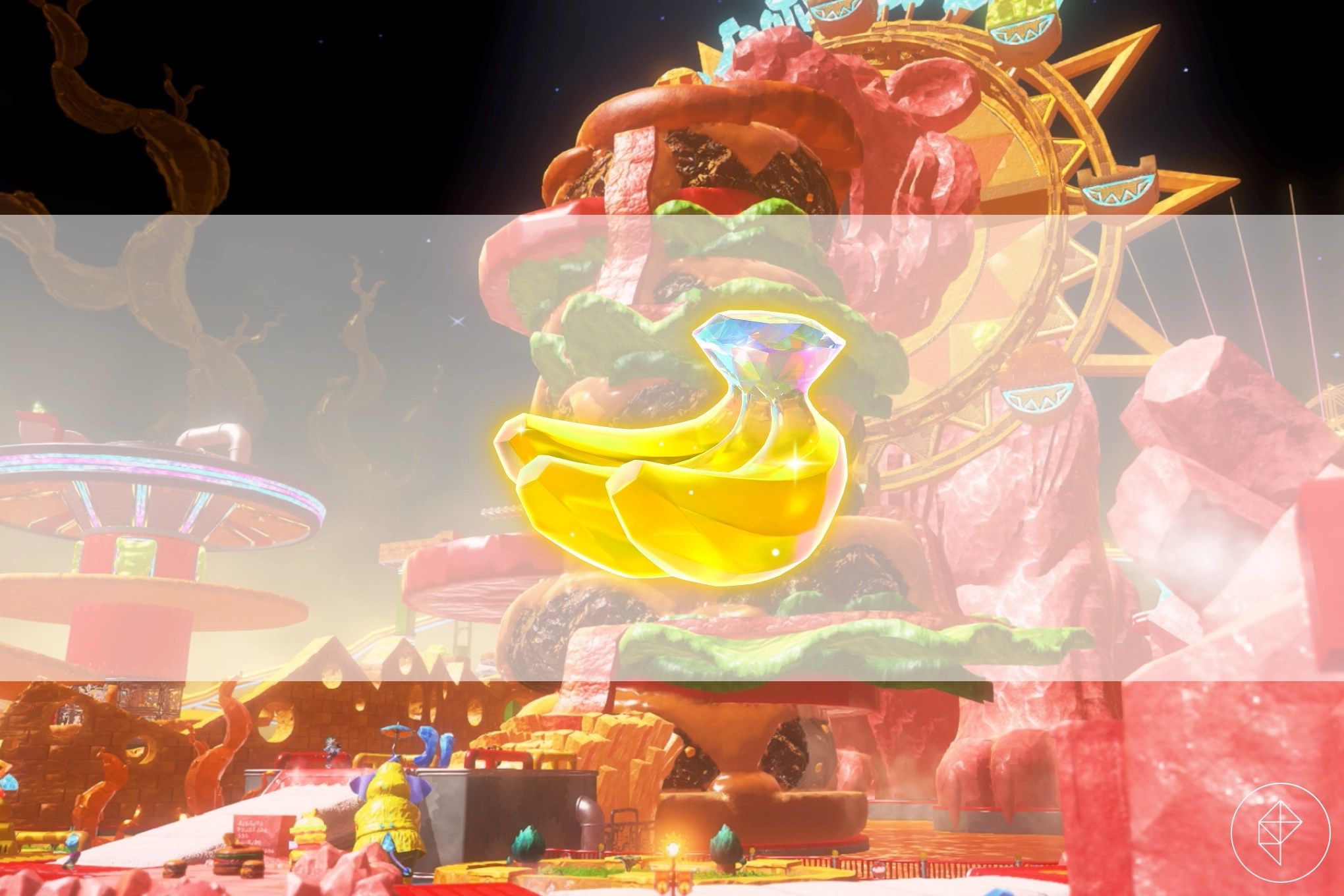 A bunch of Banandium Gems over an image of the Feast Layer with a huge burger in it in Donkey Kong Bananza.