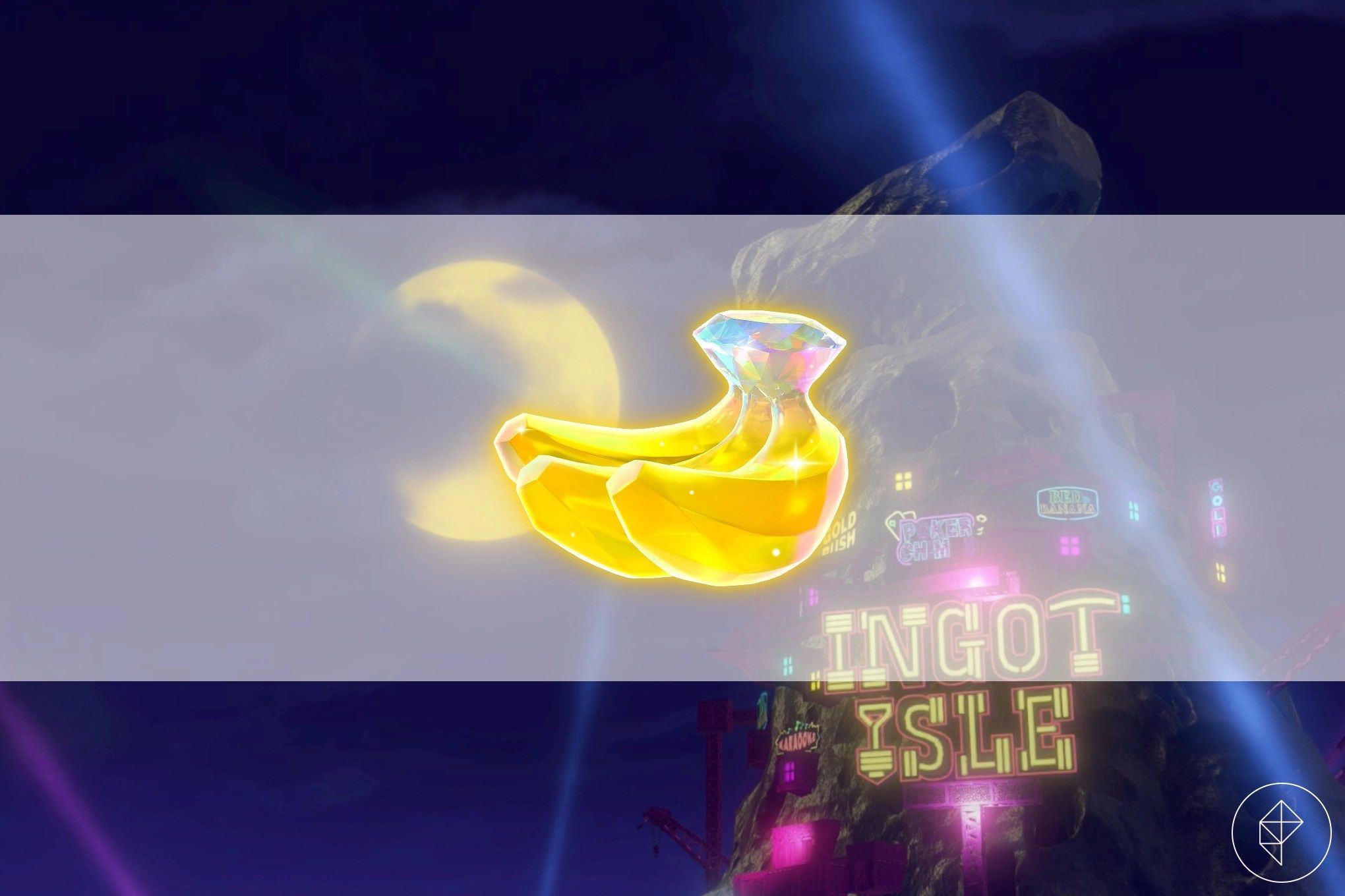 A bunch of golden bananas on top of a dark sky with a sign that reads “Ingot Isle”