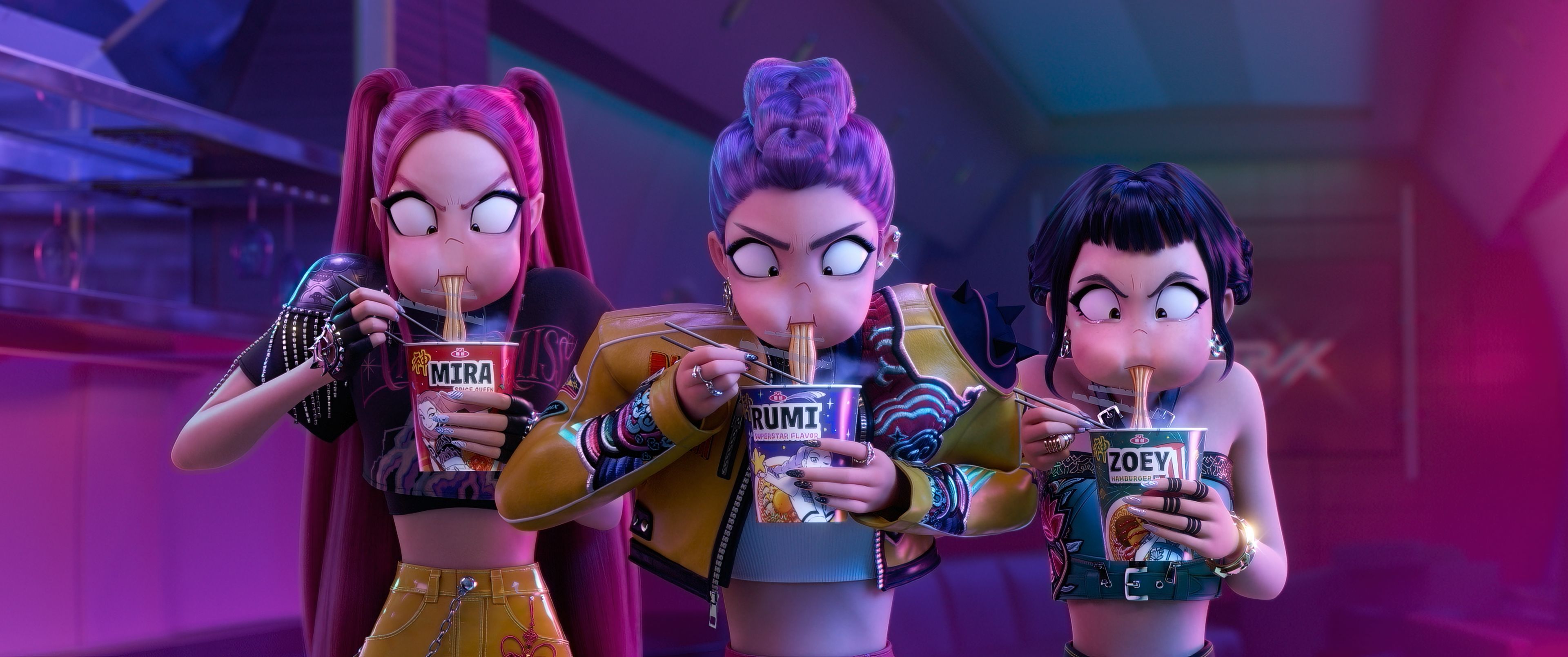 Image from KPop Demon Hunters that shows Mira, Rumi and Zoey eating ramen fast.