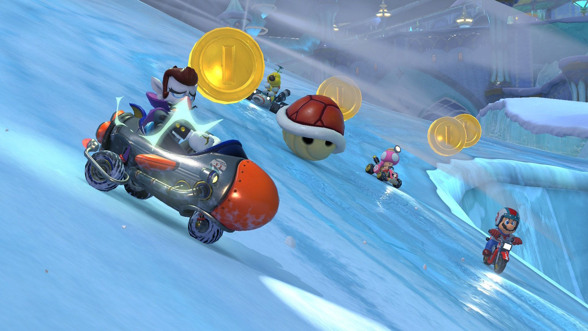 Waluigi is affected by a lightning strike in Mario Kart World.