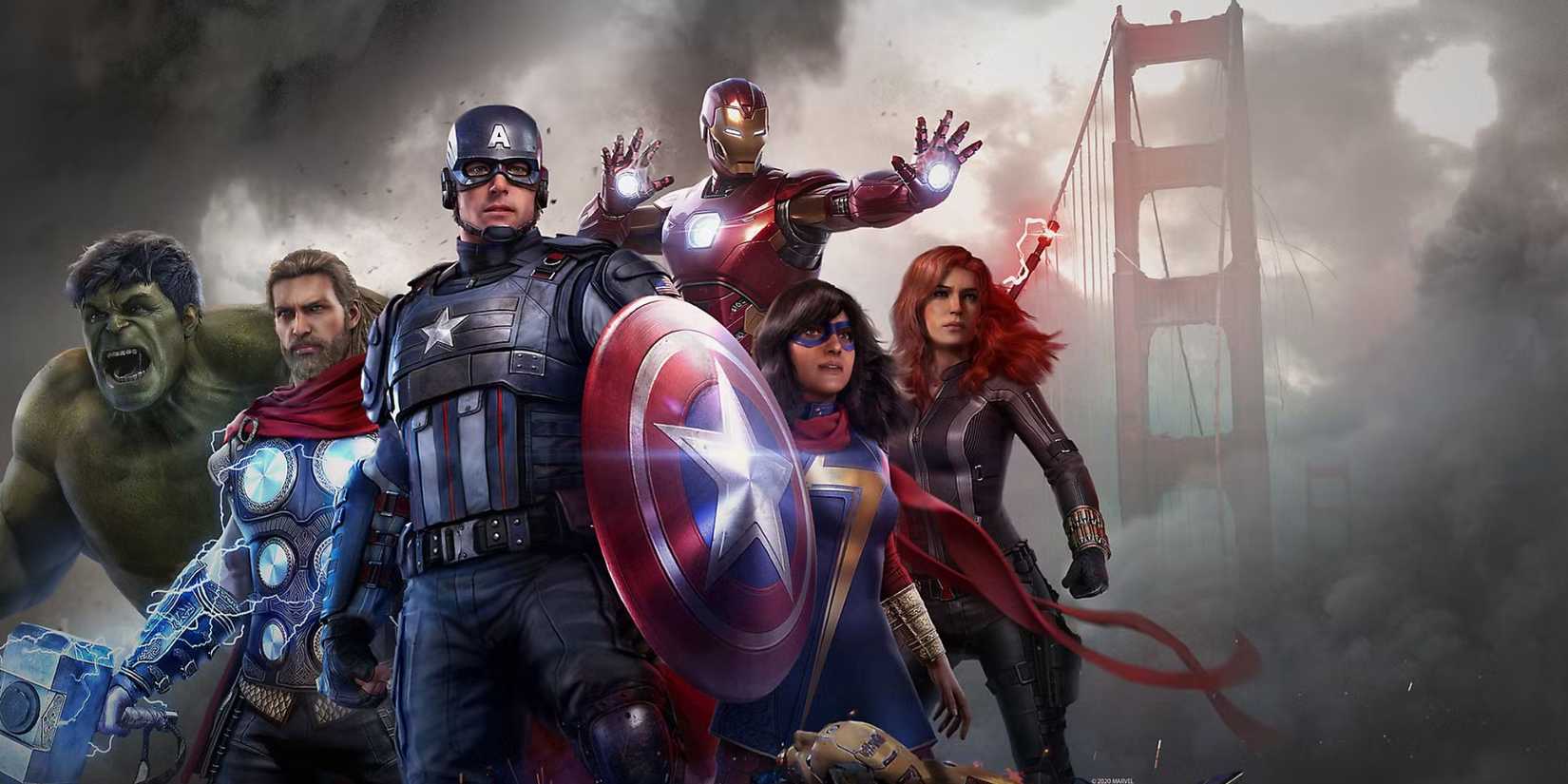 Marvel’s Avengers team line-up, including Hulk, Thor, Captain America, Iron Man, Ms. Marvel, and Black Widow, standing on the Golden Gate Bridge
