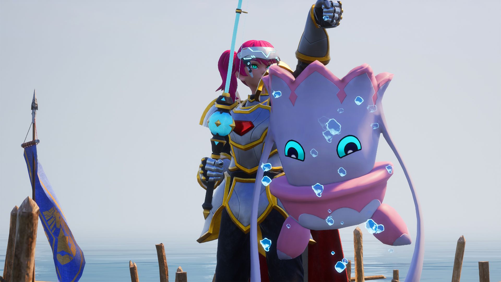 A Palworld character holds up a fished-up octopus-like Pal