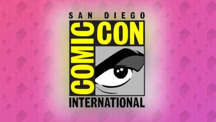San Diego Comic-Con logo on a pink Polygon background