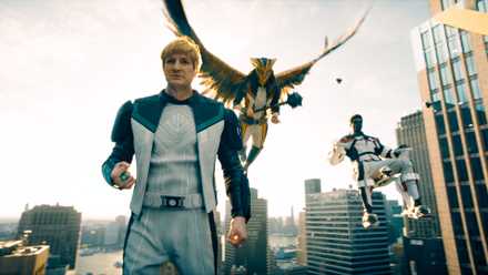 Guy Gardner (Nathan Fillion), Hawkgirl (Isabela Merced), and Mr. Terrific (Edi Gathegi) arrive on the scene in James Gunn’s Superman