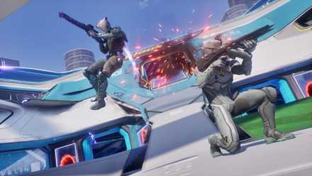 Two Splitgate 2 characters shoot guns.