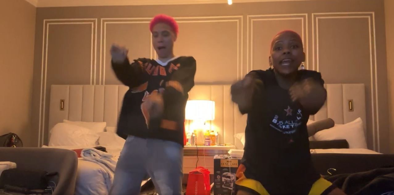 Courtney Williams and Natisha Hiedeman dance in a still from their Twitch Stud Budz stream